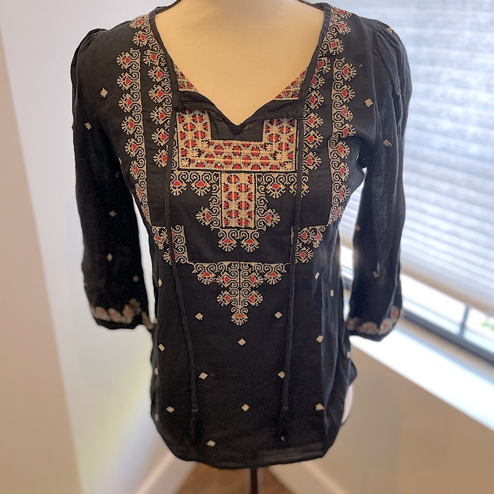 Vanessa Virginia for Anthropologie - Navy Blue Embroidered Geo Blouse